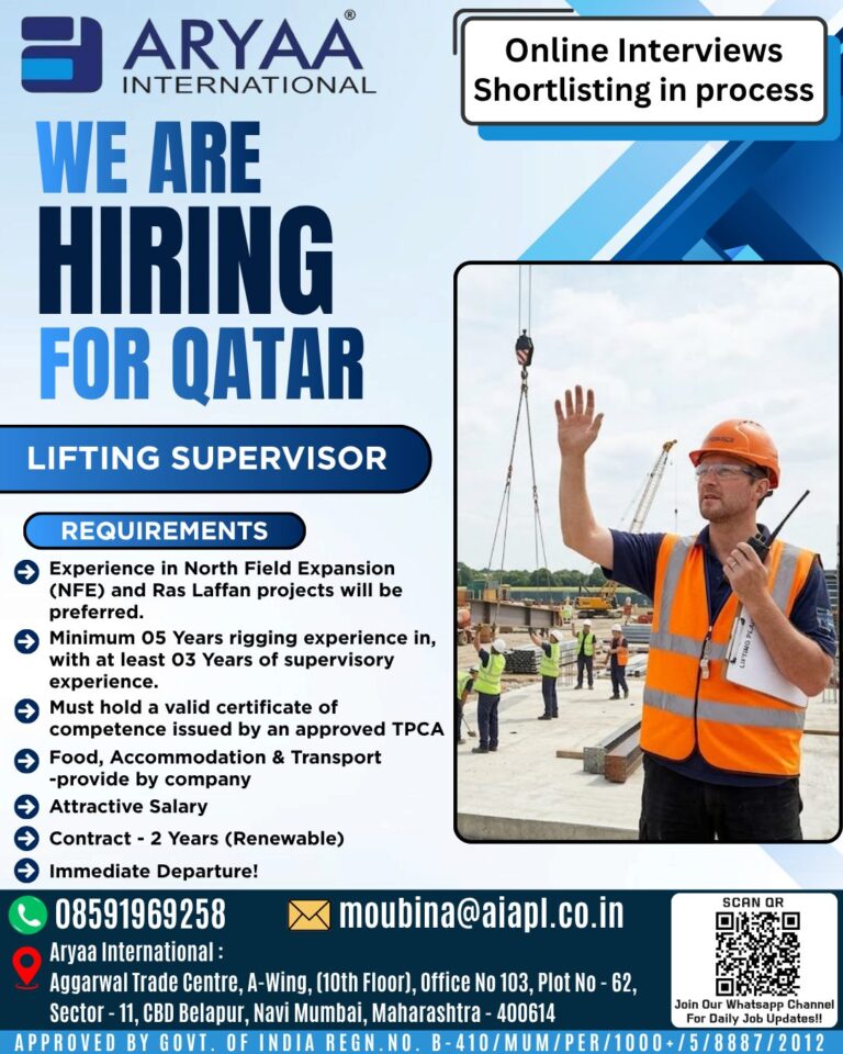Lifting Supervisor Jobs in Qatar – Online Interviews | Immediate Departure