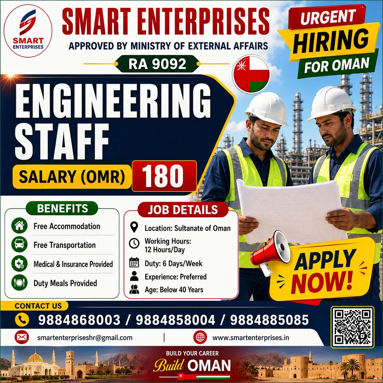 Engineering Staff Jobs in Oman 2026 – Salary 180 OMR | Free Accommodation & Transportation