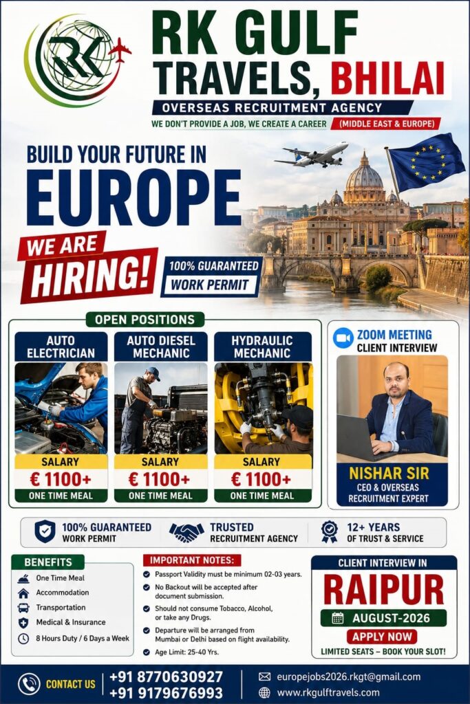 Europe Job Vacancies 2026 – Auto Electrician, Auto Diesel Mechanic & Hydraulic Mechanic | Salary €1100+ | Client Interview in Raipur
