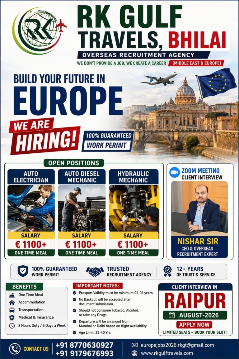 Europe Job Vacancies 2026 – Auto Electrician, Auto Diesel Mechanic & Hydraulic Mechanic | Salary €1100+ | Client Interview in Raipur