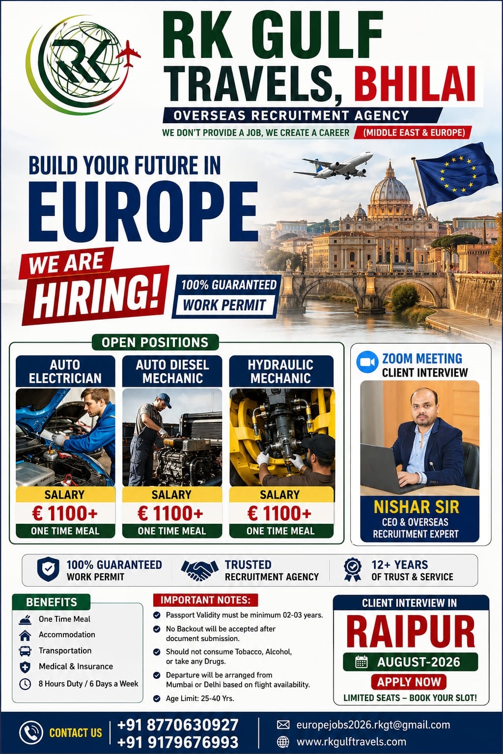 Europe Job Vacancies 2026 – Auto Electrician, Auto Diesel Mechanic & Hydraulic Mechanic | Salary €1100+ | Client Interview in Raipur