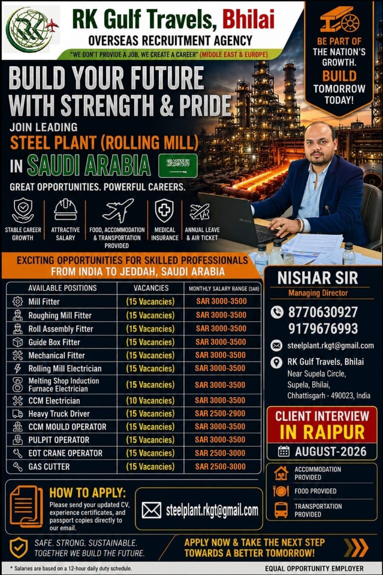 Steel Plant (Rolling Mill) Jobs in Saudi Arabia 2026 – Client Interview in Raipur | Apply Now