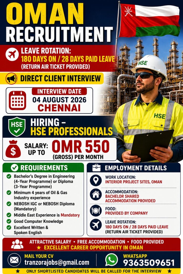 Oman Recruitment 2026 – HSE Professionals Hiring | Direct Client Interview in Chennai