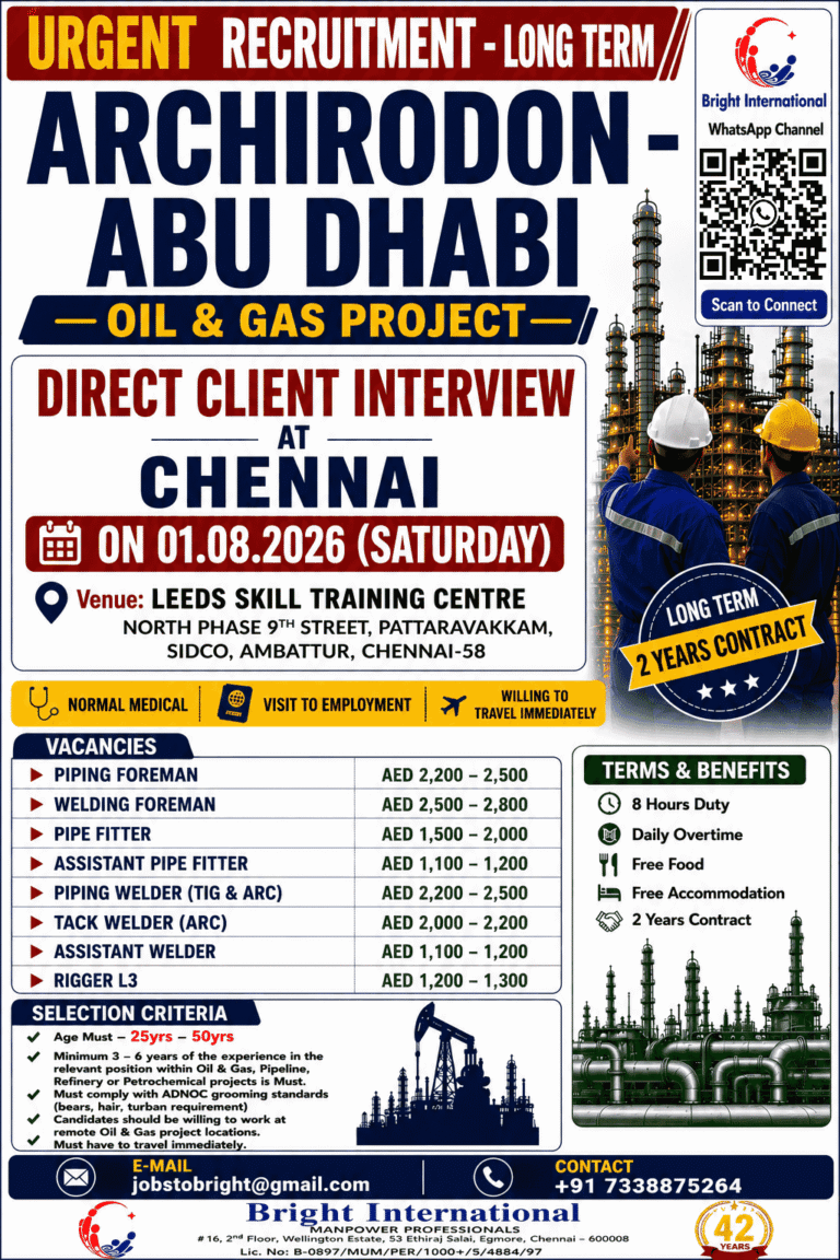 Archirodon Abu Dhabi Oil & Gas Project Jobs 2026 – Direct Client Interview in Chennai | Long-Term UAE Jobs