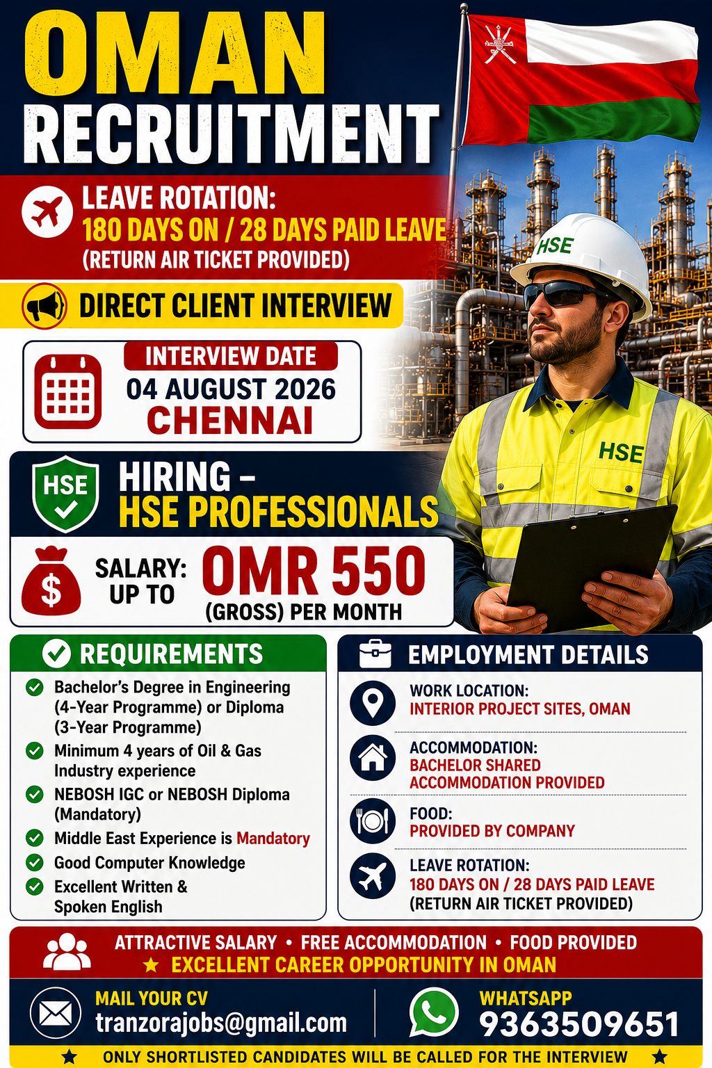 Oman Recruitment 2026 – HSE Professionals Hiring | Direct Client Interview in Chennai