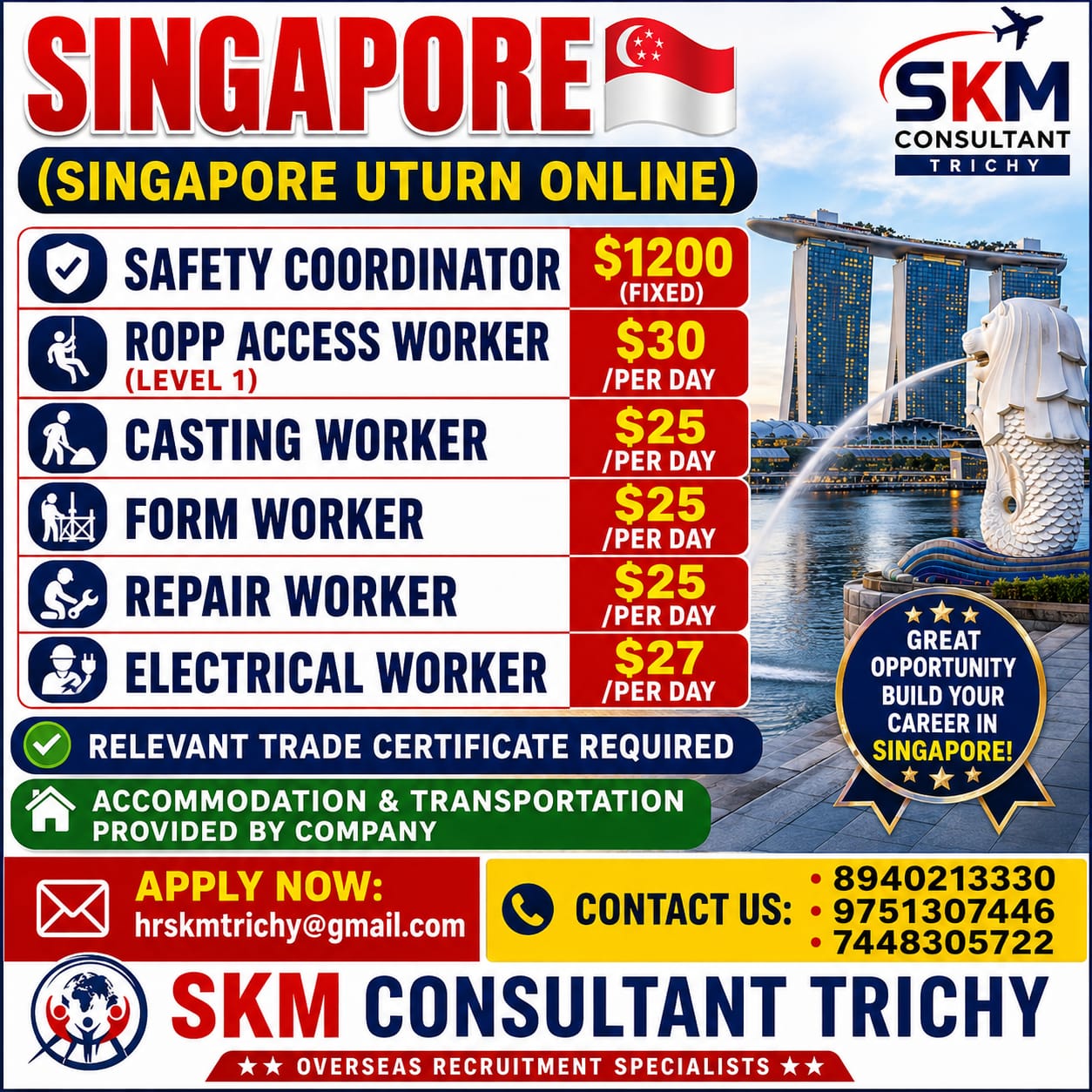 Singapore Job Openings 2026 – Safety Coordinator, Electrical Worker & Construction Jobs | Apply Online
