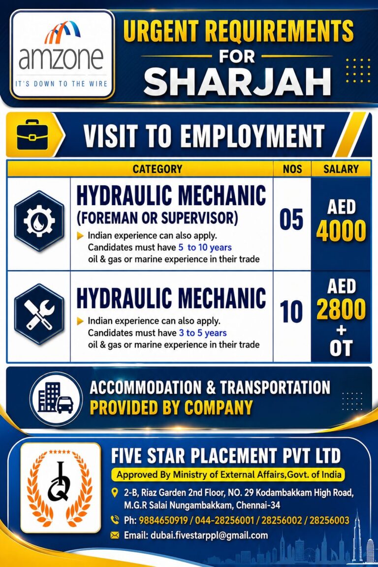 Hydraulic Mechanic Jobs in Sharjah, UAE – Amzone | Visit Visa Candidates Can Apply