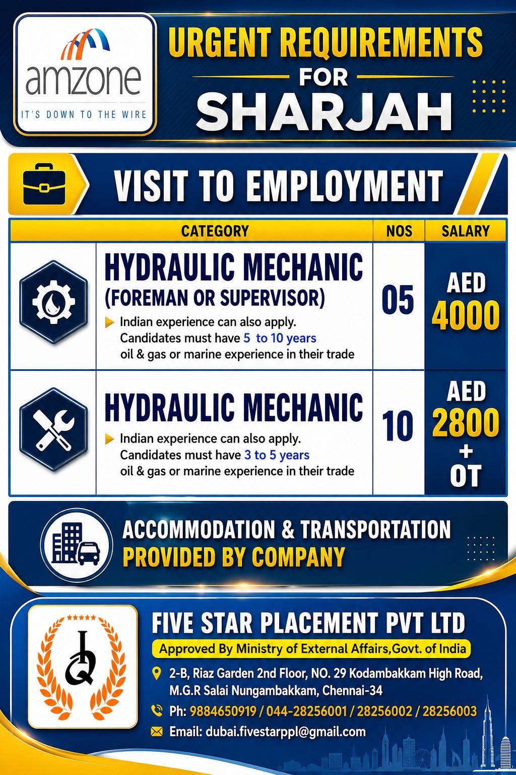 Hydraulic Mechanic Jobs in Sharjah, UAE – Amzone | Visit Visa Candidates Can Apply