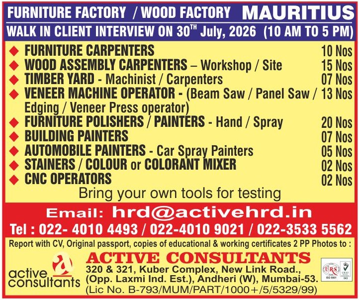 Mauritius Furniture & Wood Factory Jobs 2026 – Walk-in Client Interview on 30th July