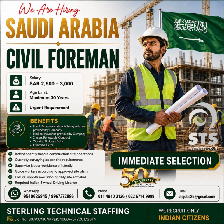 Civil Foreman Jobs in Saudi Arabia 2026 – Immediate Selection | Sterling Technical Staffing