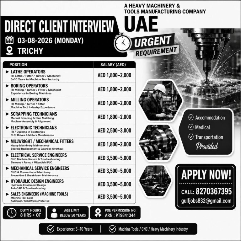 UAE Heavy Machinery & Machine Tools Manufacturing Company Jobs 2026 – Direct Client Interview in Trichy