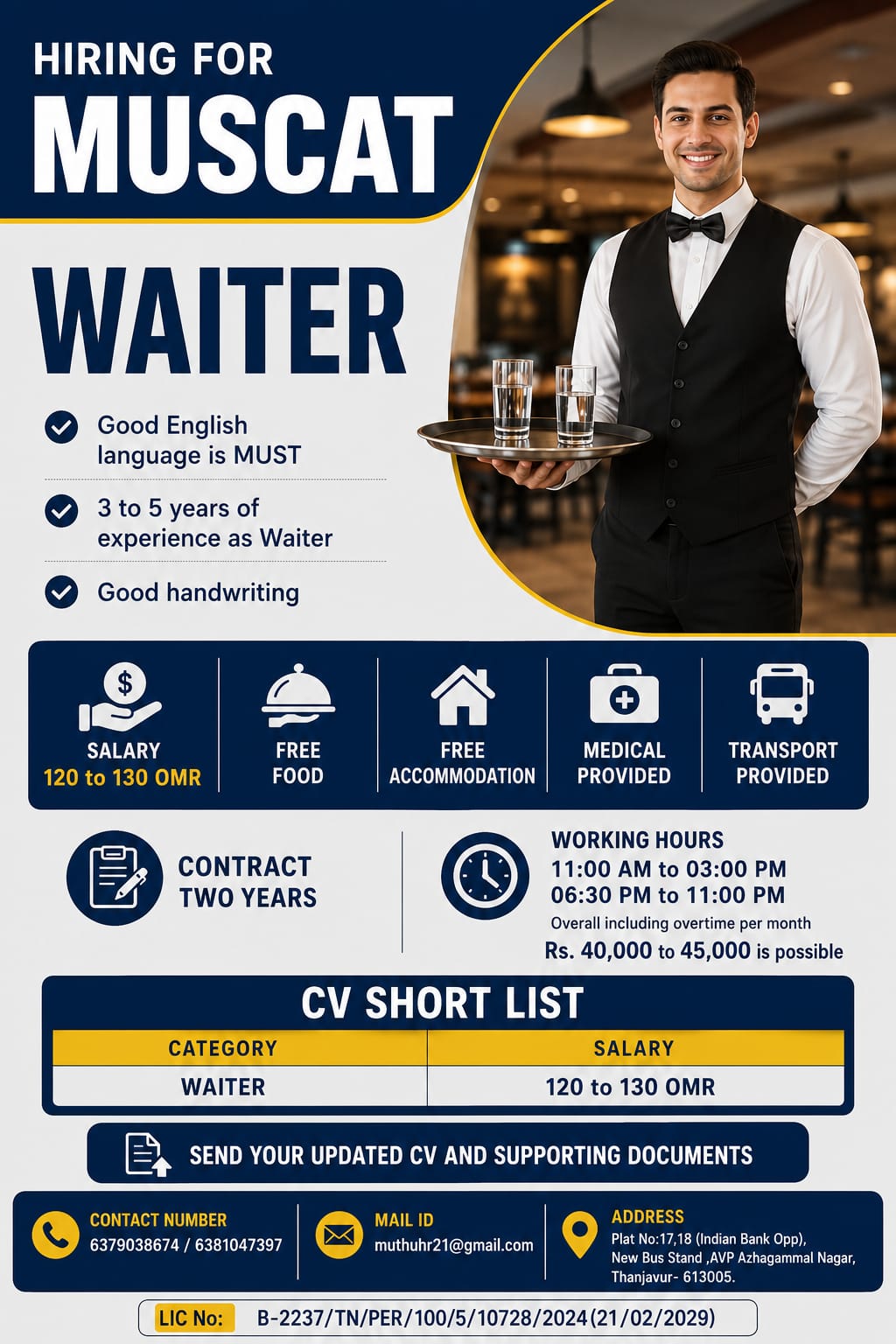 Waiter Jobs in Muscat, Oman – Free Food, Accommodation & Medical | Apply Now