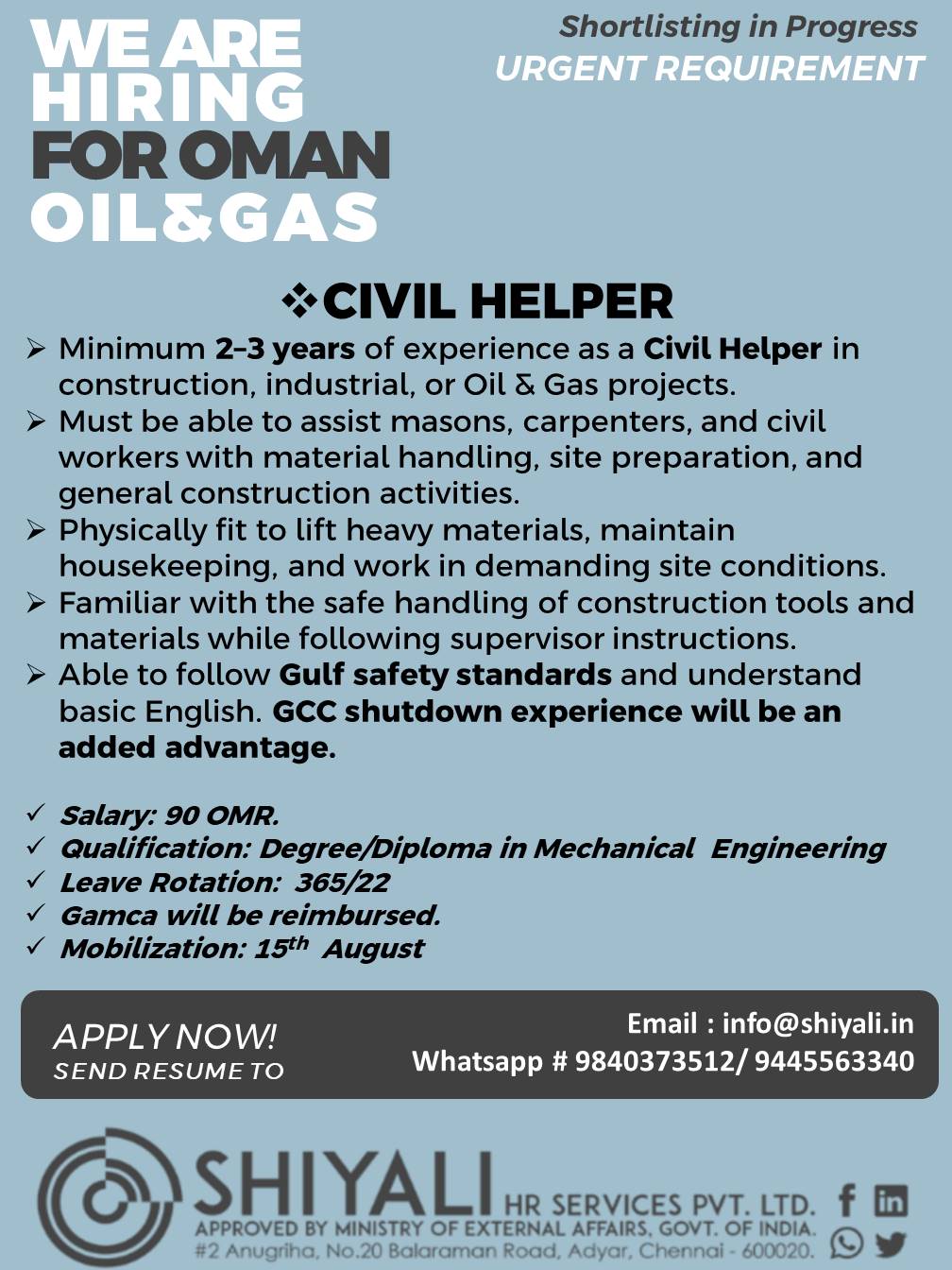 Civil Helper Jobs in Oman Oil & Gas – Urgent Hiring 2026