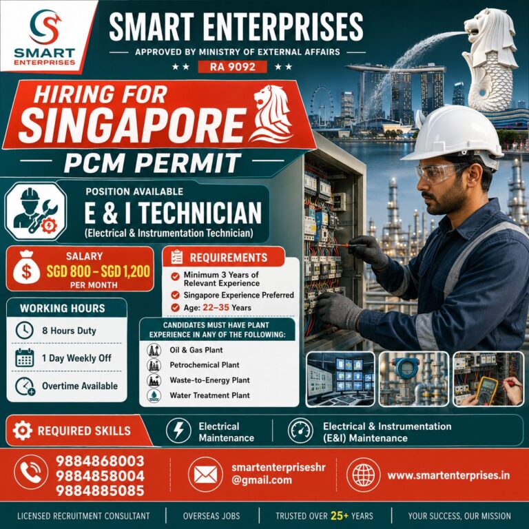 Smart Enterprises Hiring E&I Technicians for Singapore – PCM Permit | Salary up to SGD 1,200