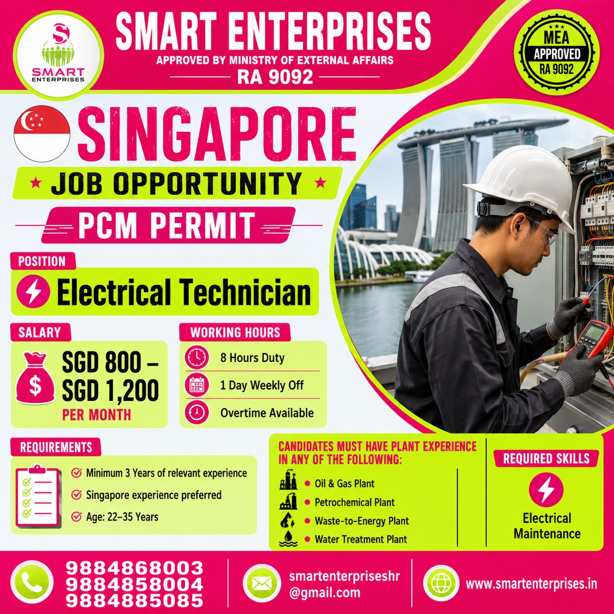 Electrical Technician Jobs in Singapore 2026 | PCM Permit | Smart Enterprises