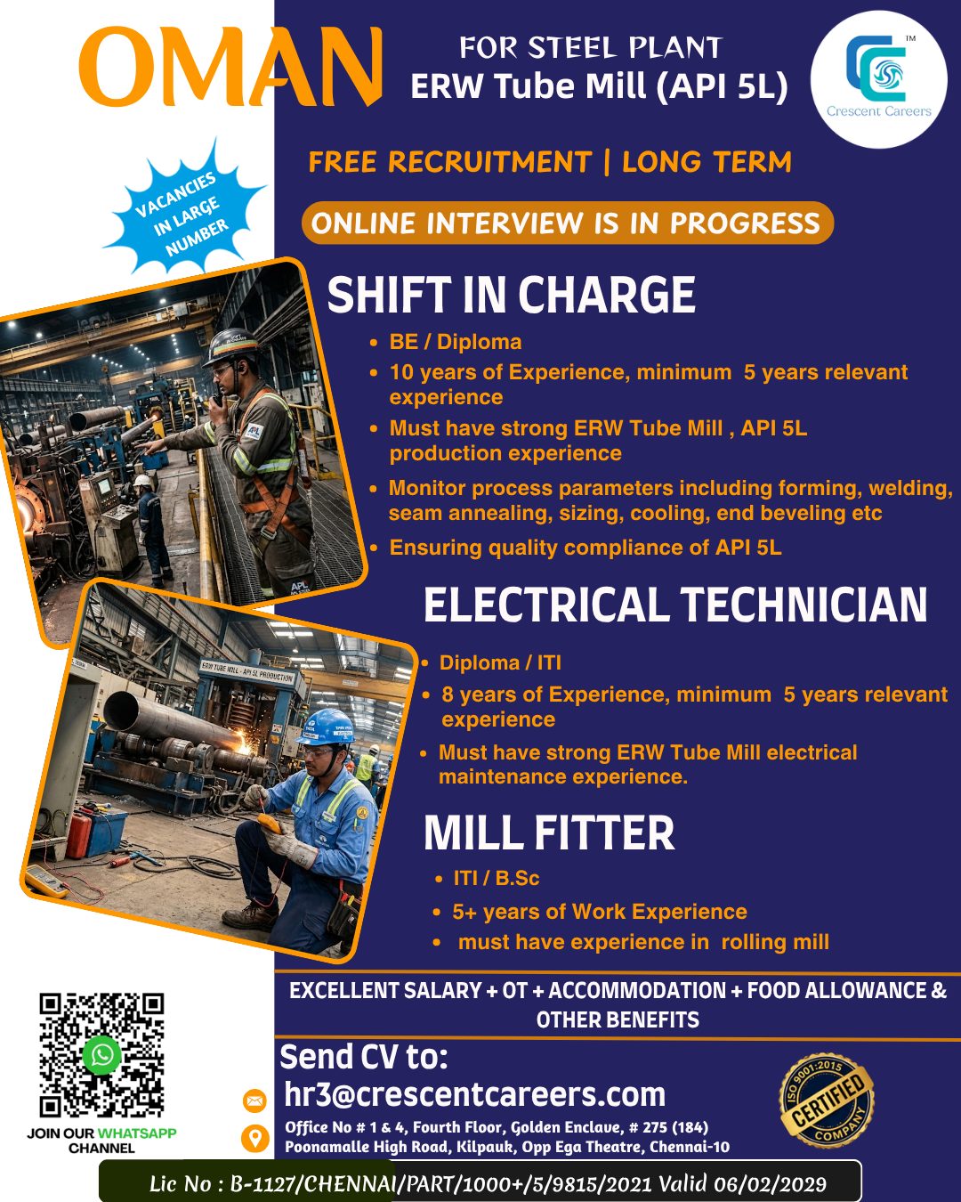 Oman Steel Plant ERW Tube Mill Jobs 2026 – Free Recruitment | Shift In Charge, Electrical Technician & Mill Fitter Vacancies