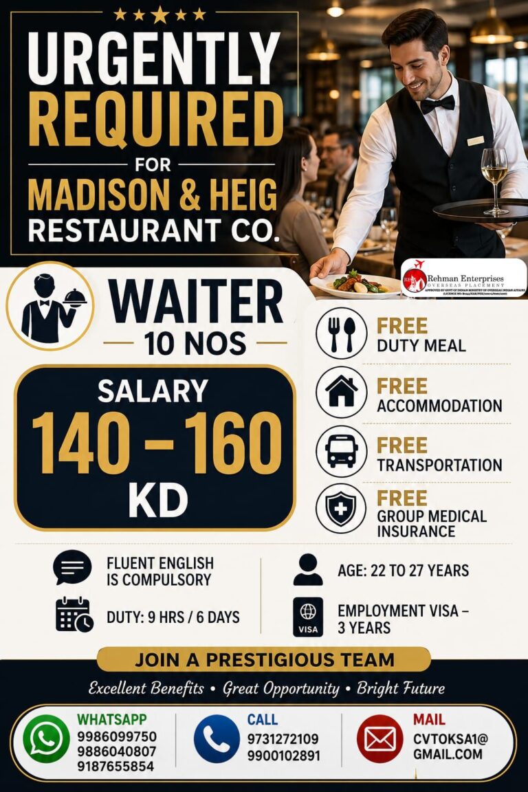 Waiter Jobs in Kuwait 2026 – Madison & Heig Restaurant Co. | Salary Up to 160 KD