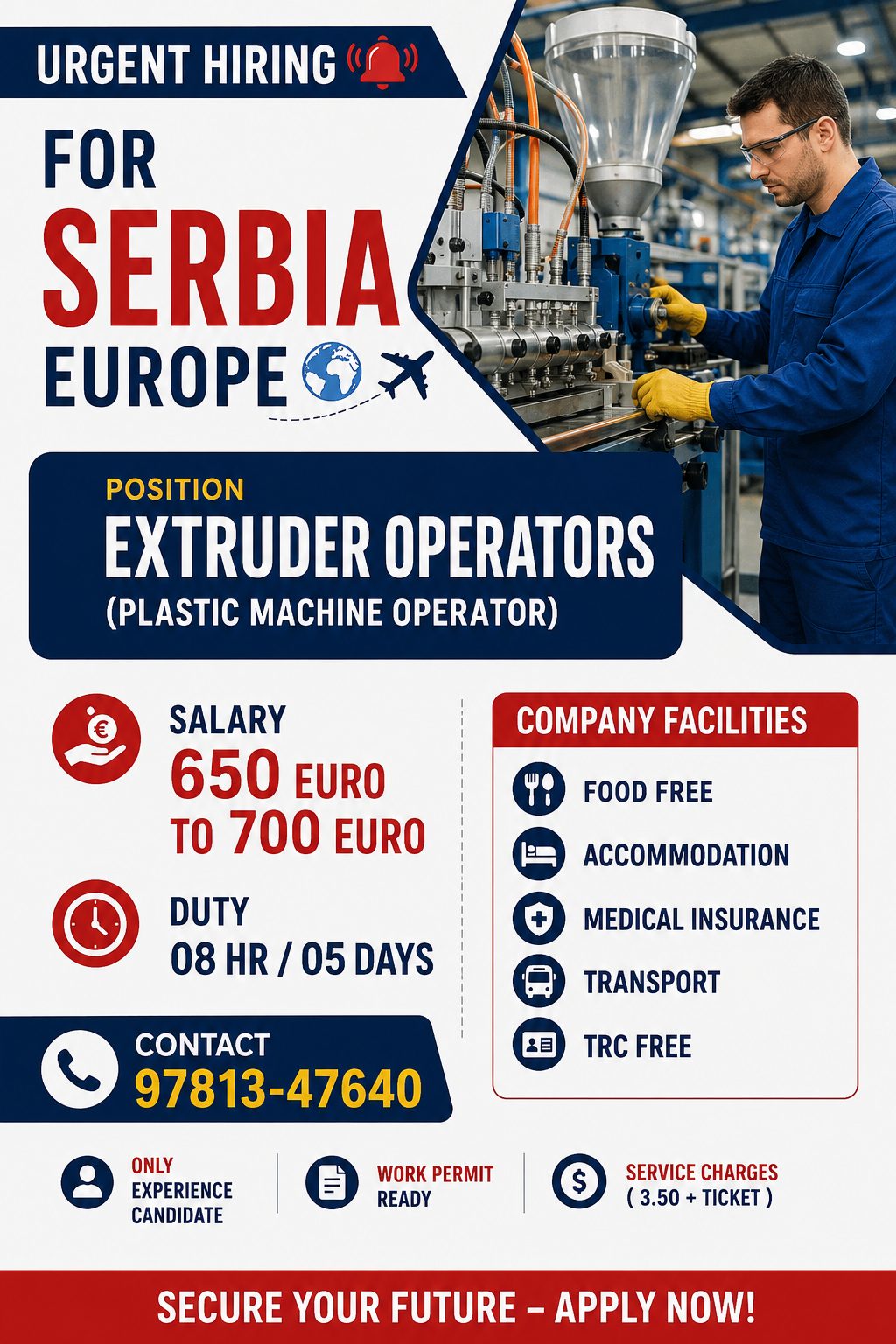 Extruder Operators (Plastic Machine Operator) Jobs in Serbia Europe – Apply Now | Salary €650–€700