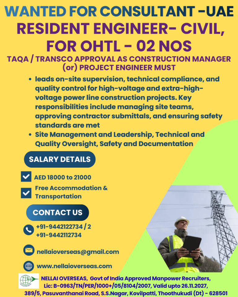 Resident Engineer – Civil Jobs in UAE 2026 | Consultant OHTL Project | Apply Now