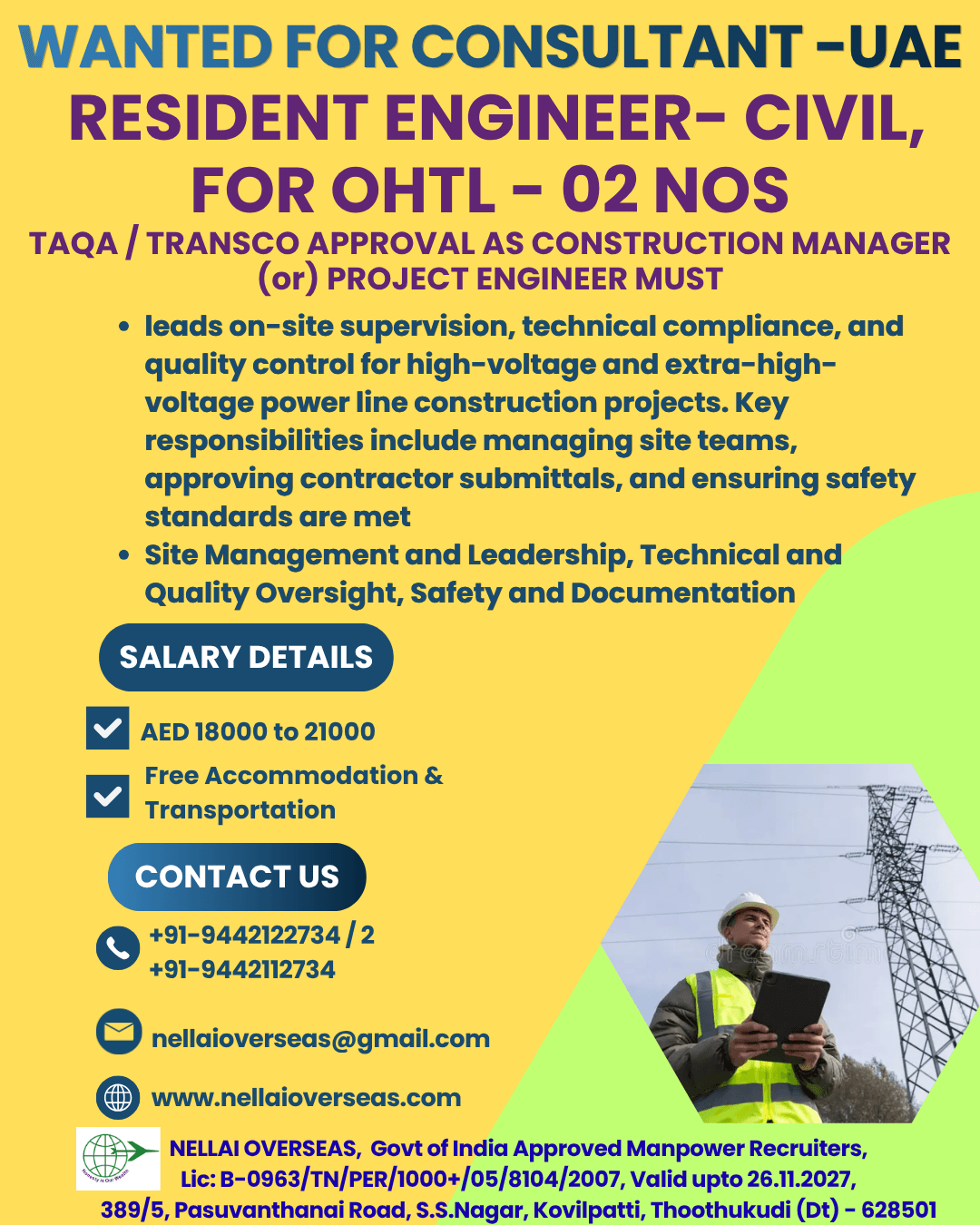 Resident Engineer – Civil Jobs in UAE 2026 | Consultant OHTL Project | Apply Now