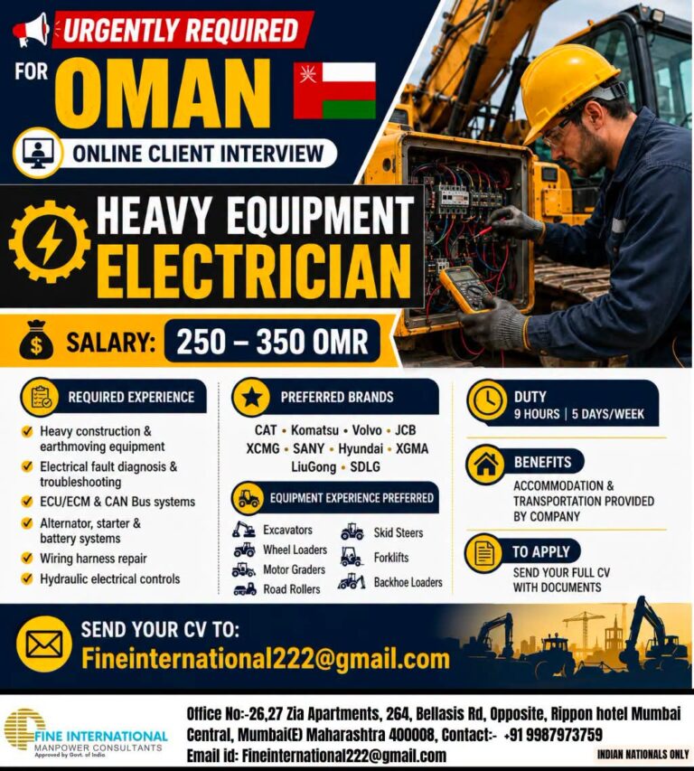 Heavy Equipment Electrician Jobs in Oman 2026 | Online Client Interview | Salary Up to 350 OMR