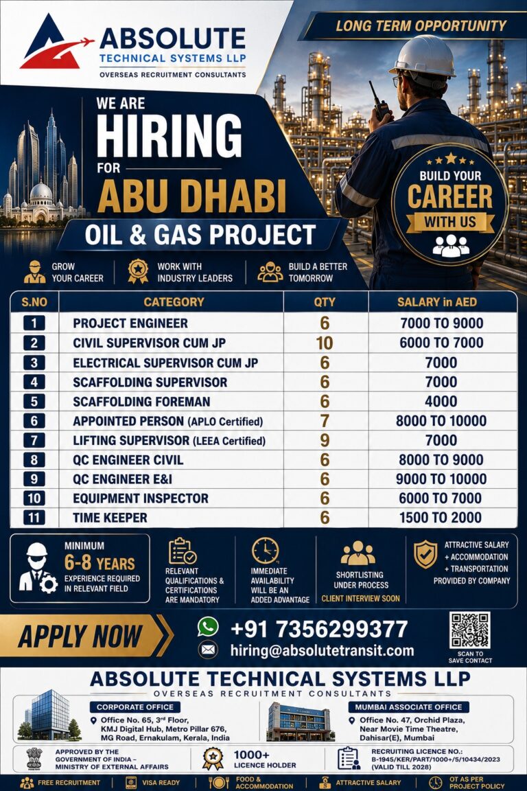 Abu Dhabi Oil & Gas Project Jobs 2026 – Immediate Hiring | Attractive Salary Up to AED 10,000