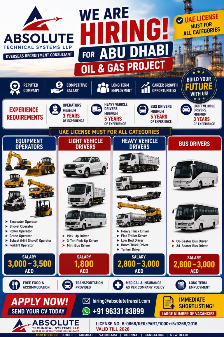 Abu Dhabi Oil & Gas Project Jobs 2026 – Drivers & Equipment Operators Required | Apply Now