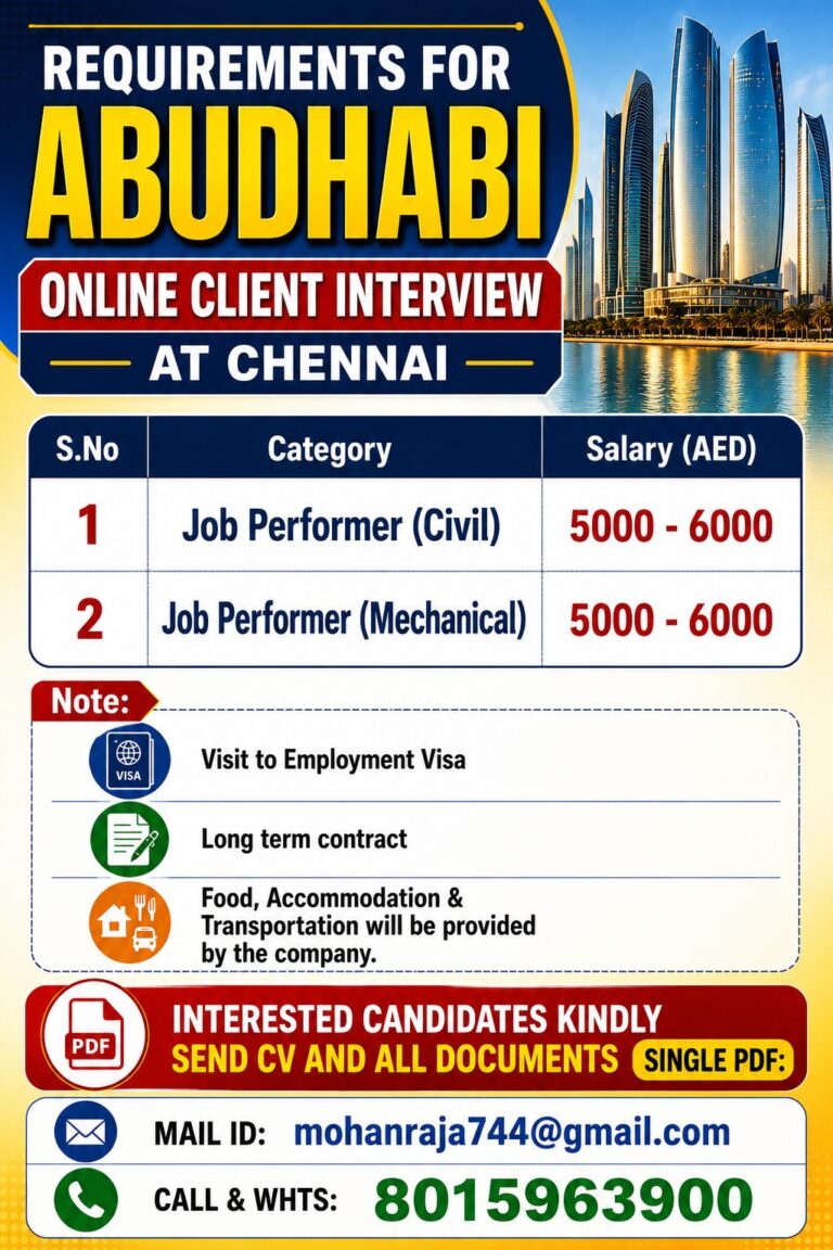Job Performer (Civil & Mechanical) Jobs in Abu Dhabi 2026 – Online Client Interview at Chennai