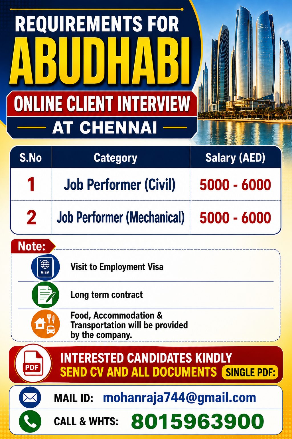 Job Performer (Civil & Mechanical) Jobs in Abu Dhabi 2026 – Online Client Interview at Chennai