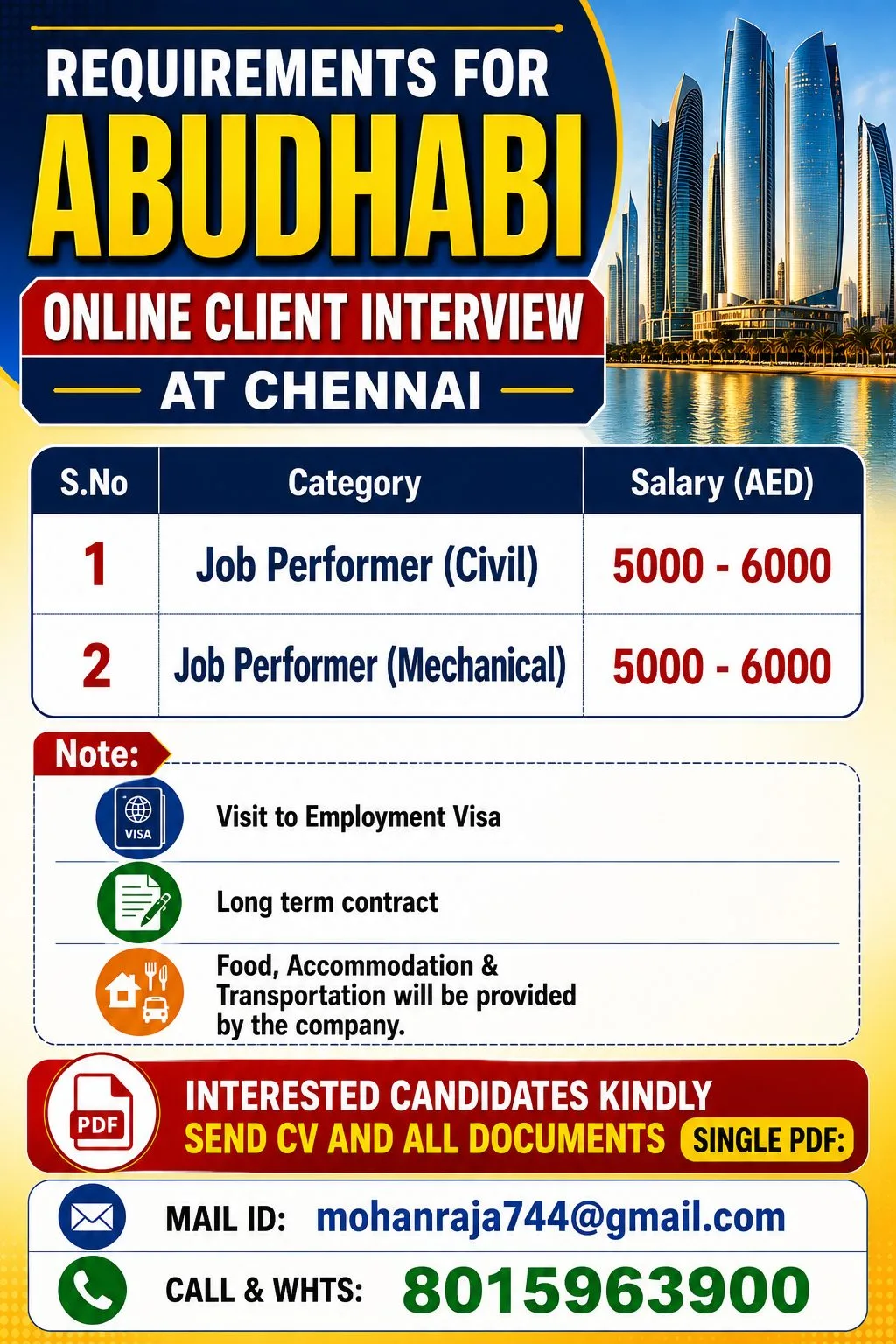Job Performer (Civil & Mechanical) Jobs in Abu Dhabi 2026 – Online Client Interview at Chennai