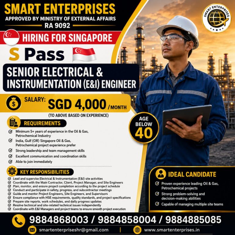 Senior Electrical & Instrumentation (E&I) Engineer Jobs in Singapore 2026 – S Pass | Salary SGD 4,000+