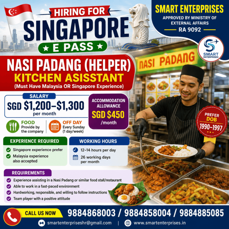 Kitchen Assistant (Nasi Padang Helper) Jobs in Singapore – E Pass | Salary up to SGD 1,300 + Accommodation Allowance