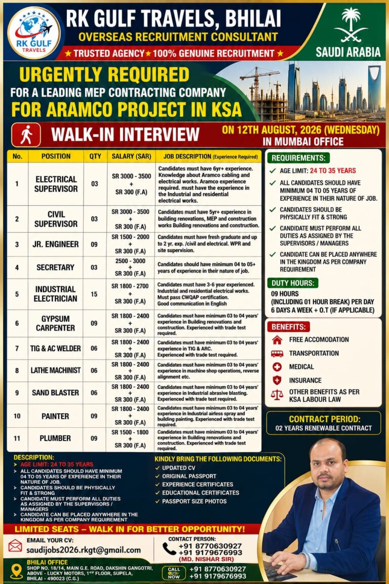 Urgently Required for Leading MEP Contracting Company – Aramco Project, Saudi Arabia | Walk-in Interview on 12 August 2026