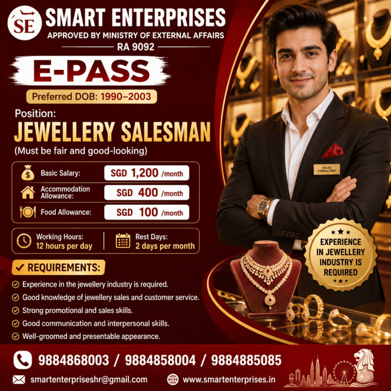 Jewellery Salesman Jobs in Singapore – E-Pass Opportunity | Salary up to SGD 1,700