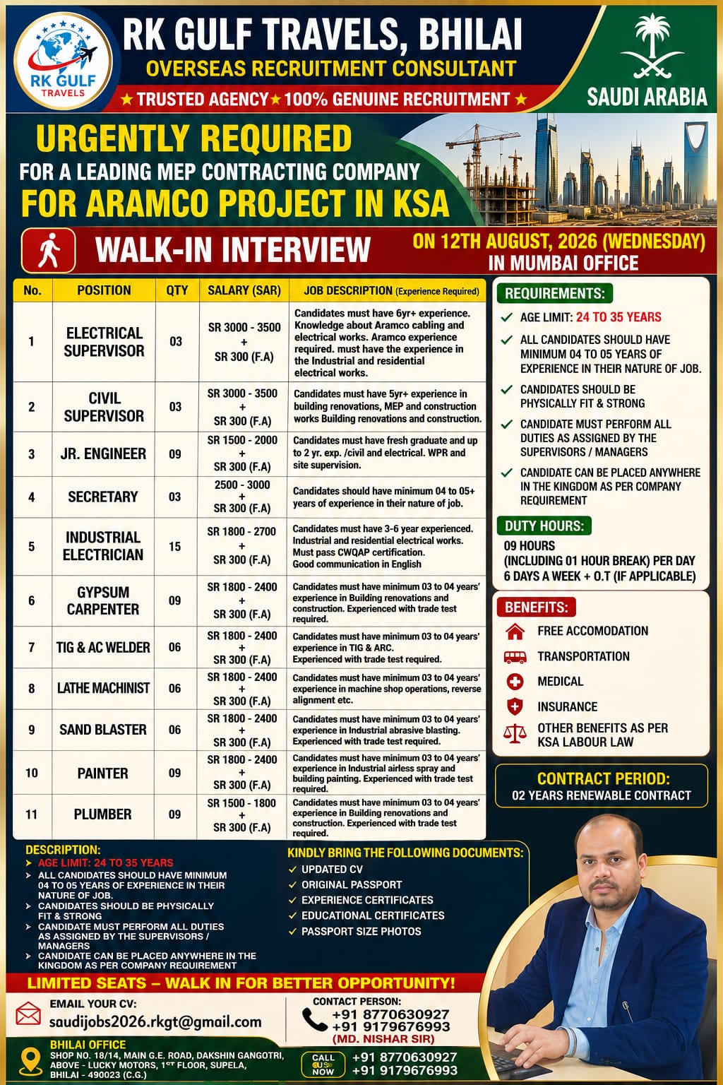 Urgently Required for Leading MEP Contracting Company – Aramco Project, Saudi Arabia | Walk-in Interview on 12 August 2026