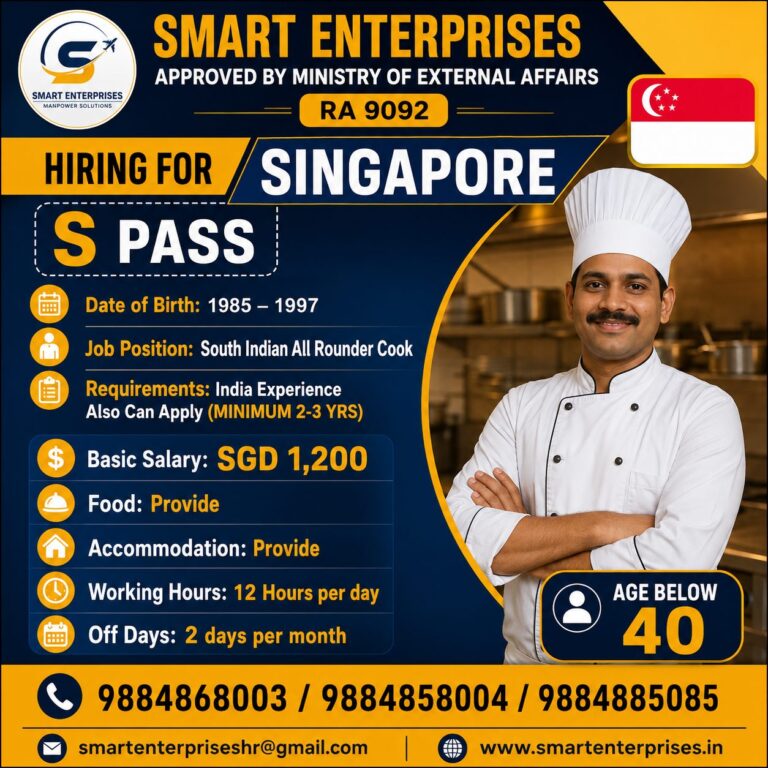 South Indian All Rounder Cook Jobs in Singapore – S Pass | Food & Accommodation Provided