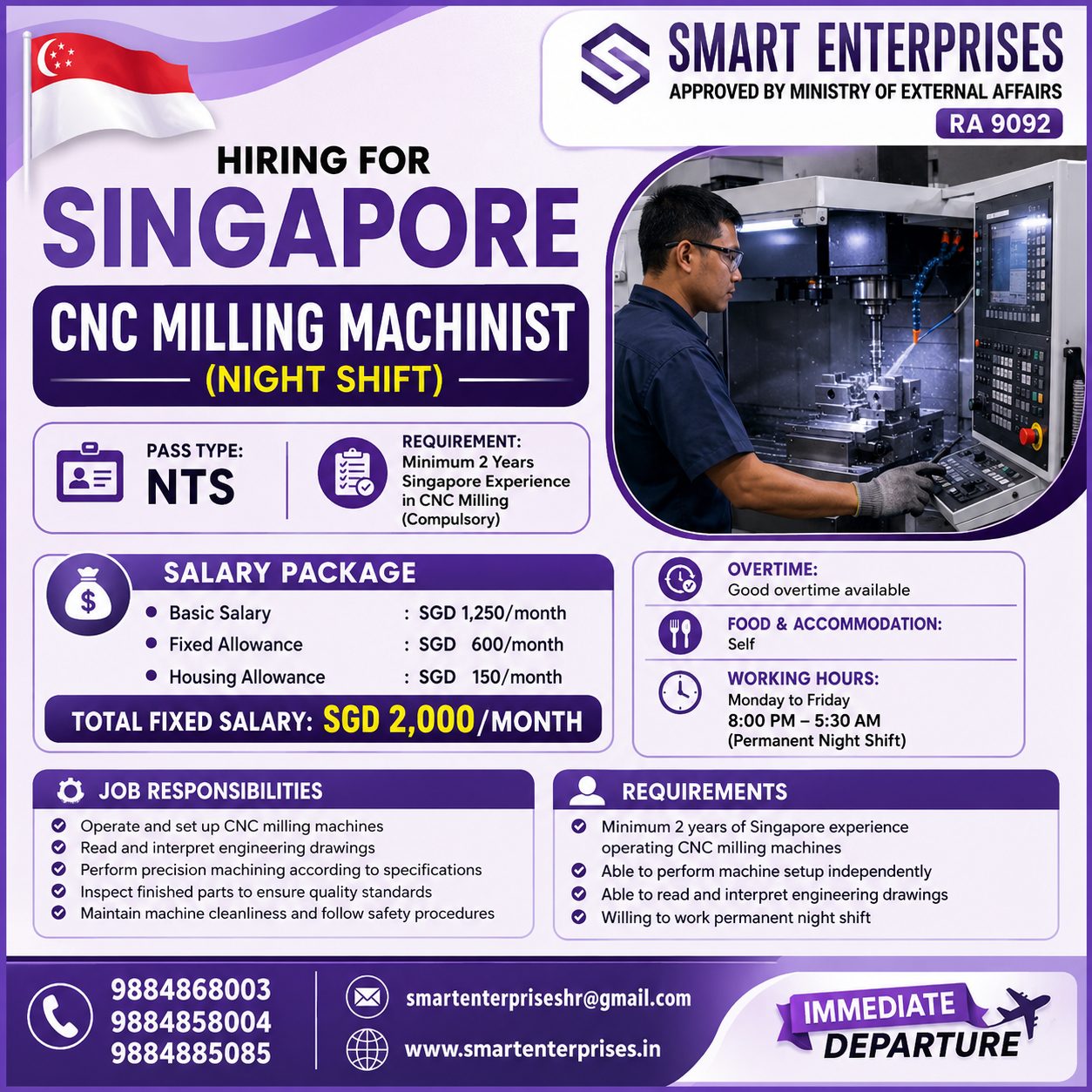 CNC Milling Machinist (Night Shift) Jobs in Singapore – NTS Pass | Salary SGD 2,000/Month