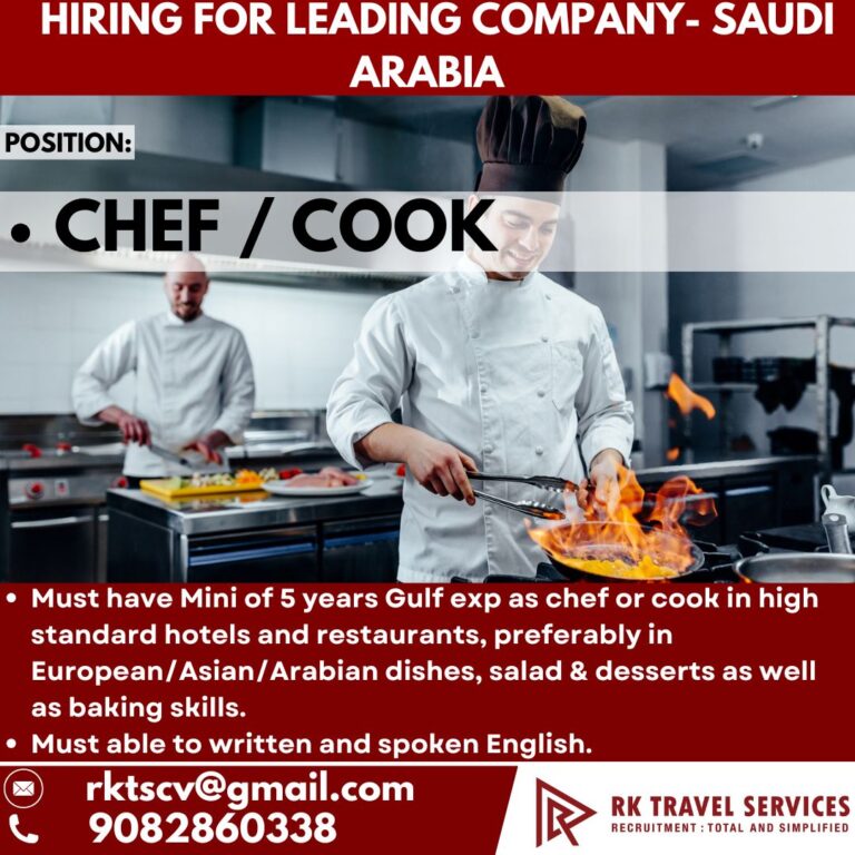 Chef / Cook Jobs in Saudi Arabia – Apply for Leading Company Hiring Now