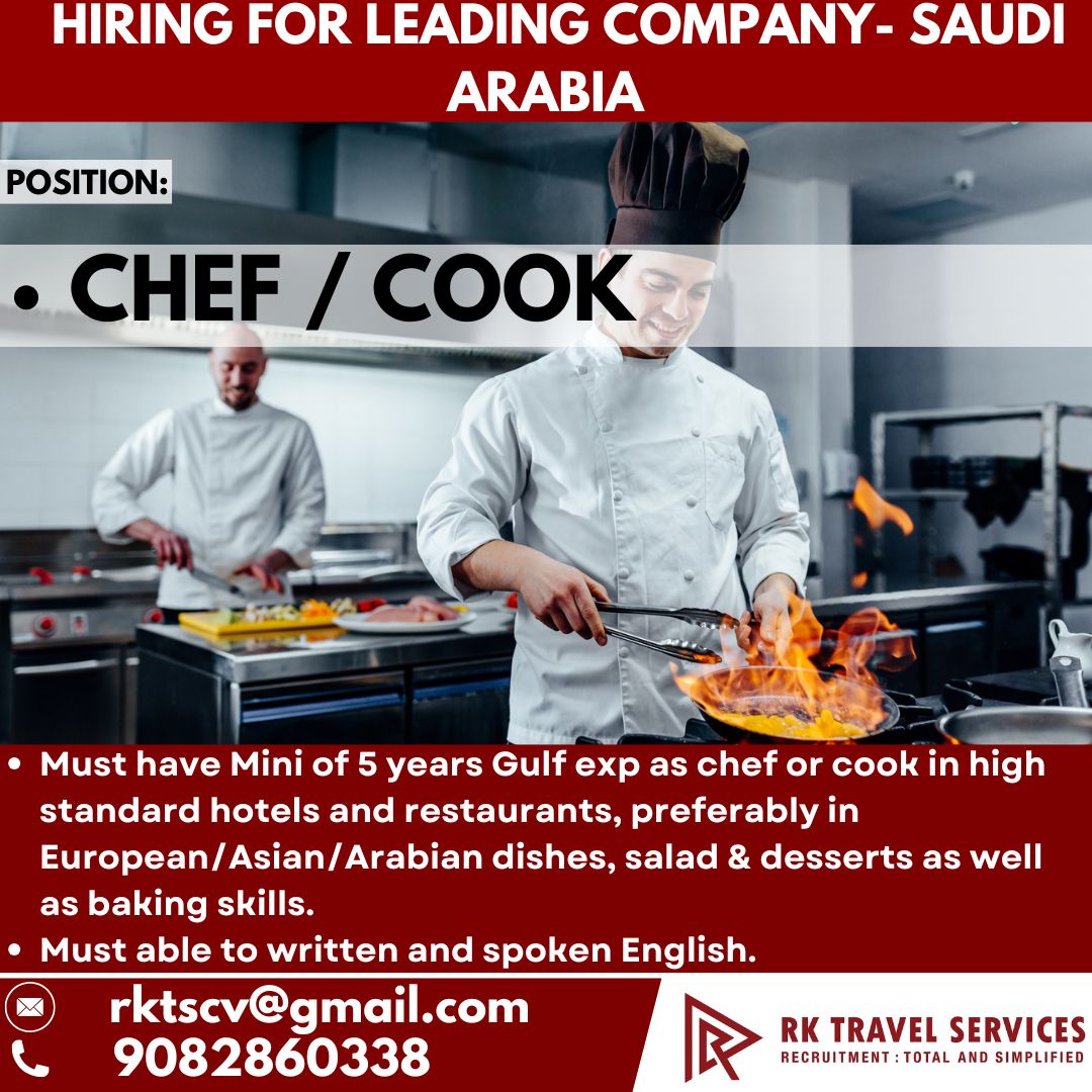 Chef / Cook Jobs in Saudi Arabia – Apply for Leading Company Hiring Now