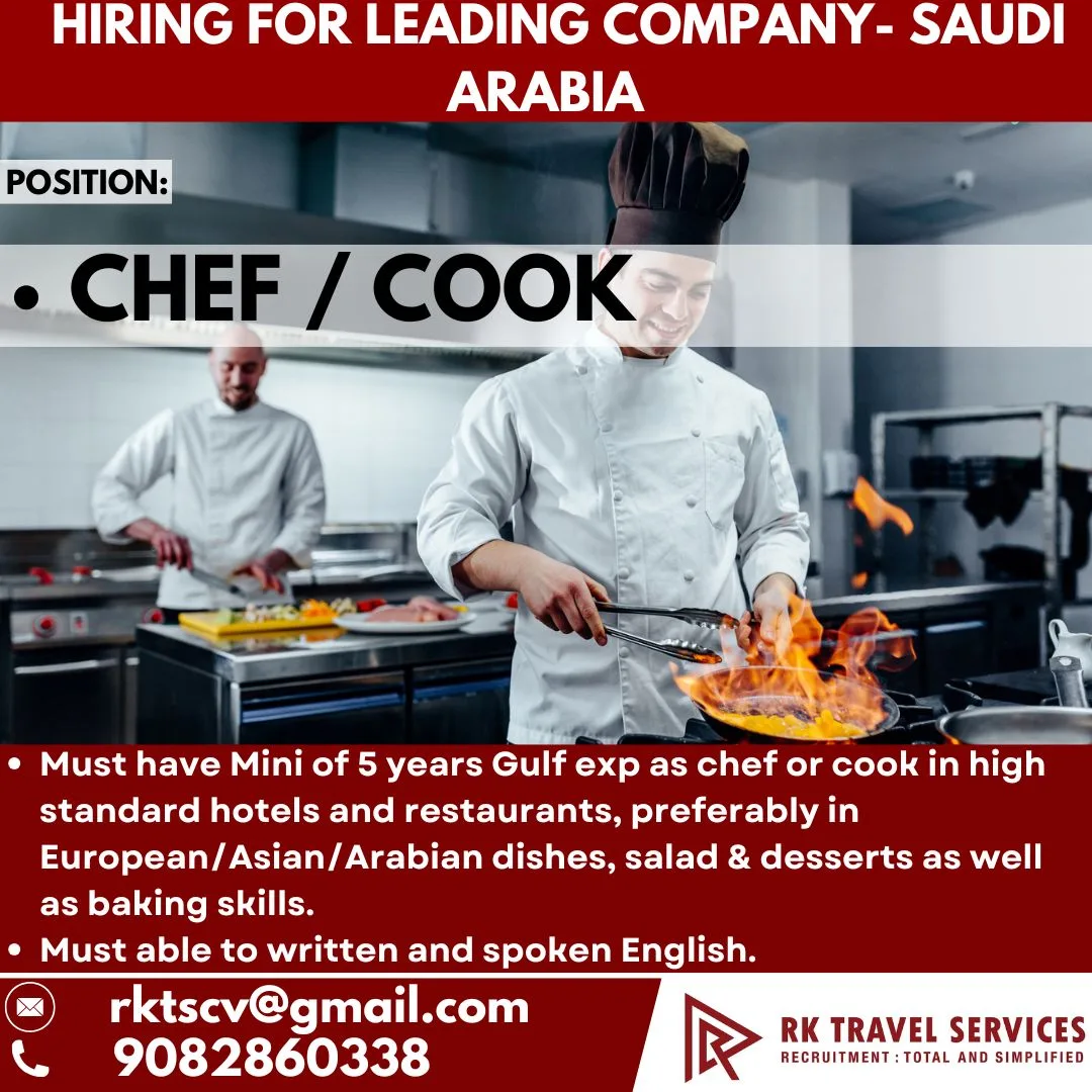 Chef / Cook Jobs in Saudi Arabia – Apply for Leading Company Hiring Now