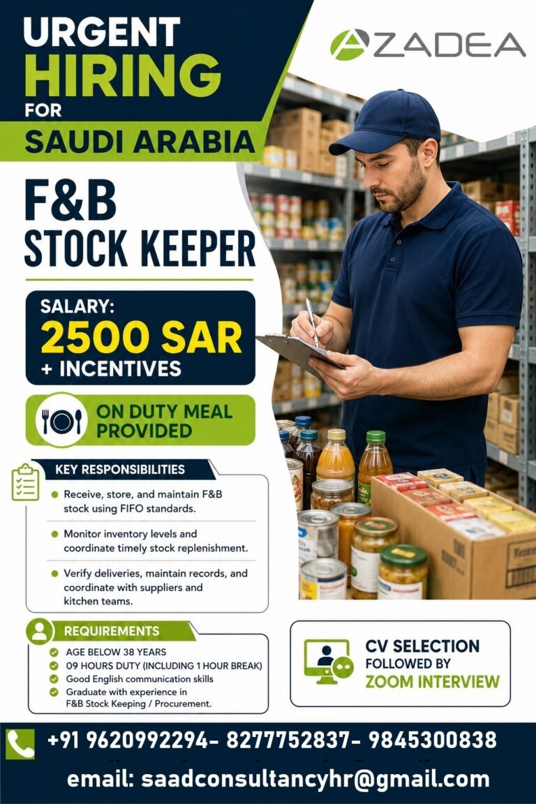 F&B Stock Keeper Jobs in Saudi Arabia – Azadea Group | Salary 2500 SAR + Incentives