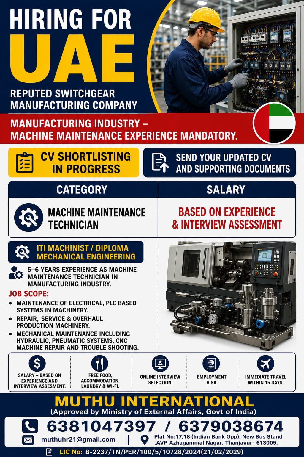 Machine Maintenance Technician Jobs in UAE | Manufacturing Industry | Apply Now
