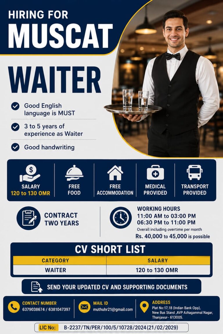 Urgent Hiring for Waiters in Muscat, Oman | Salary Up to 130 OMR + Free Food & Accommodation