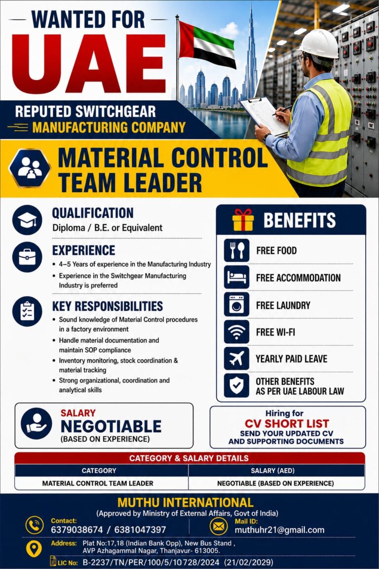 Material Control Team Leader Jobs in UAE | Apply for Switchgear Manufacturing Company Vacancies