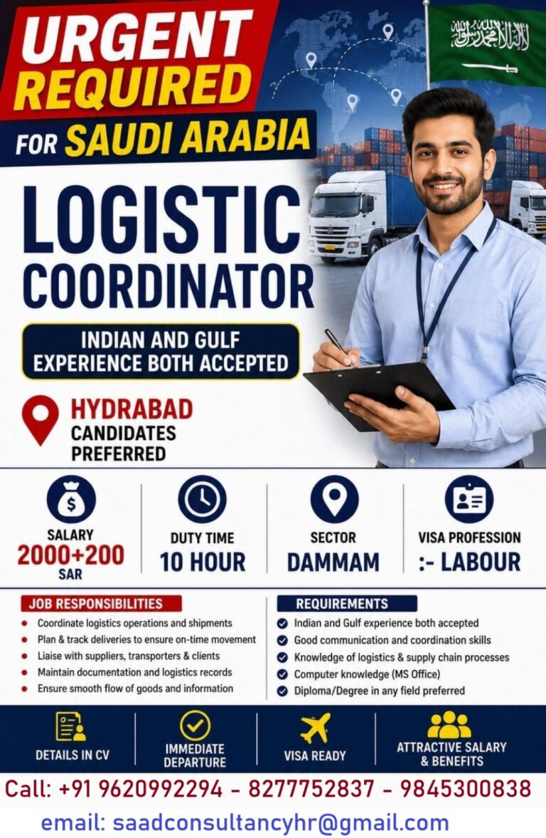 Logistic Coordinator Jobs in Saudi Arabia – Immediate Hiring in Dammam