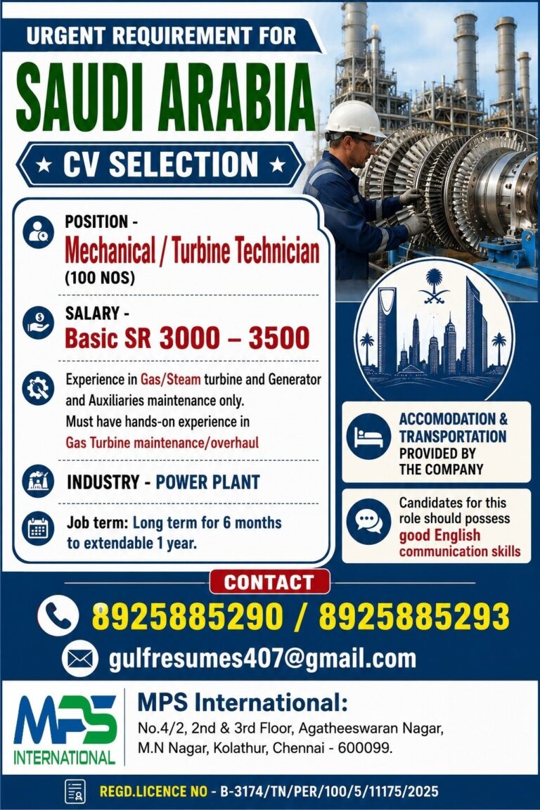 Mechanical / Turbine Technician Jobs in Saudi Arabia – Power Plant | Salary Up to SR 3,500 | CV Selection
