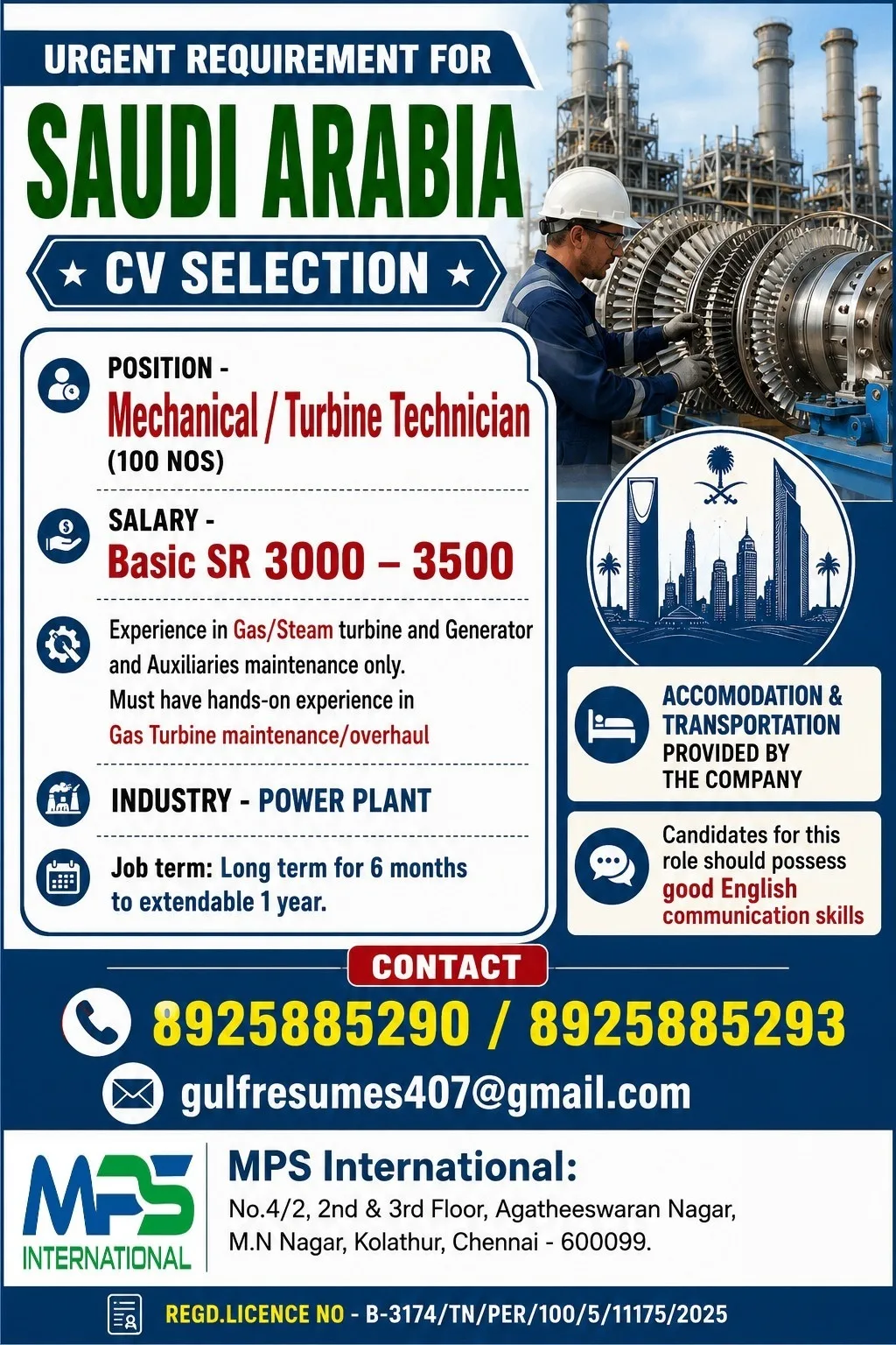 Mechanical / Turbine Technician Jobs in Saudi Arabia – Power Plant | Salary Up to SR 3,500 | CV Selection