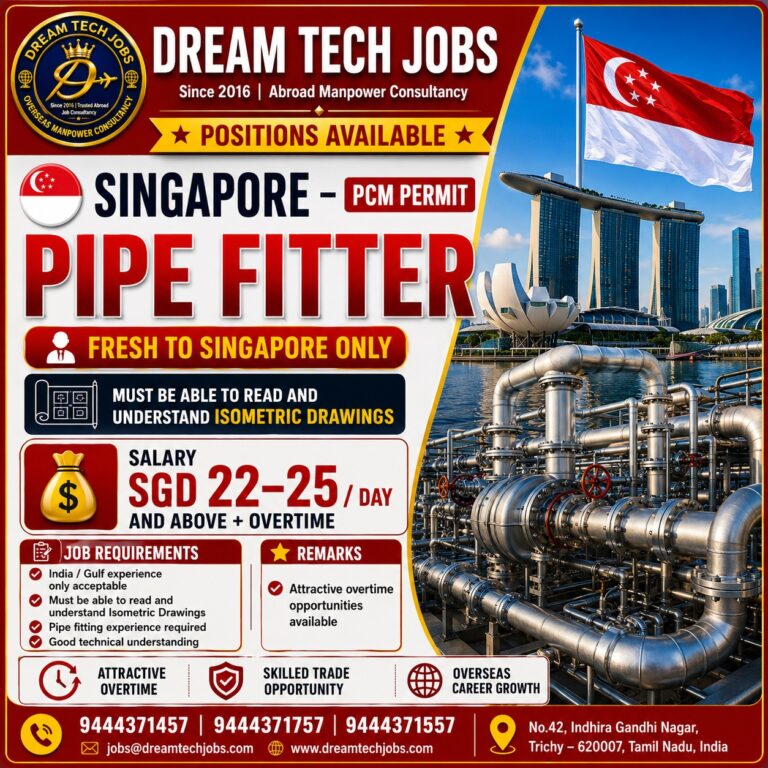Pipe Fitter Jobs in Singapore 2026 – Fresh to Singapore Candidates | Apply Now