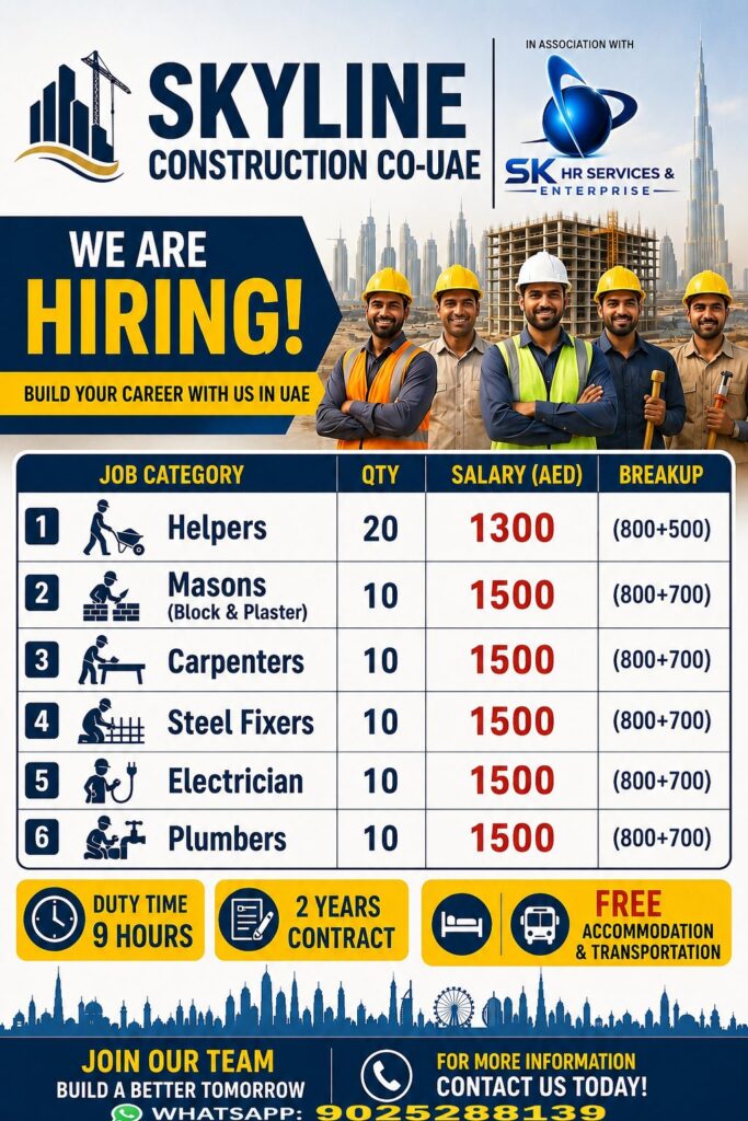 Skyline Construction Co. UAE Jobs 2026 – Helpers, Masons, Carpenters & More | Apply Now