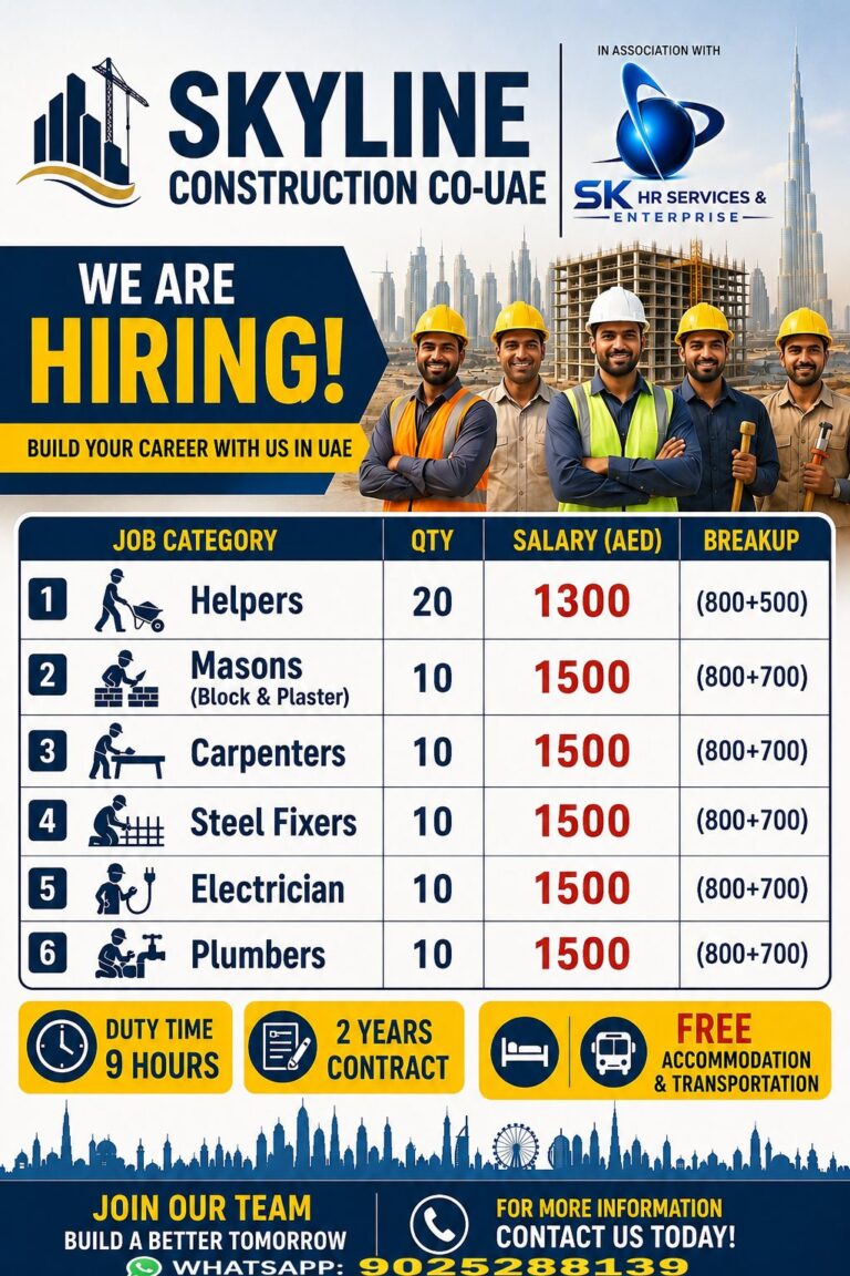 Skyline Construction Co. UAE Jobs 2026 – Helpers, Masons, Carpenters & More | Apply Now